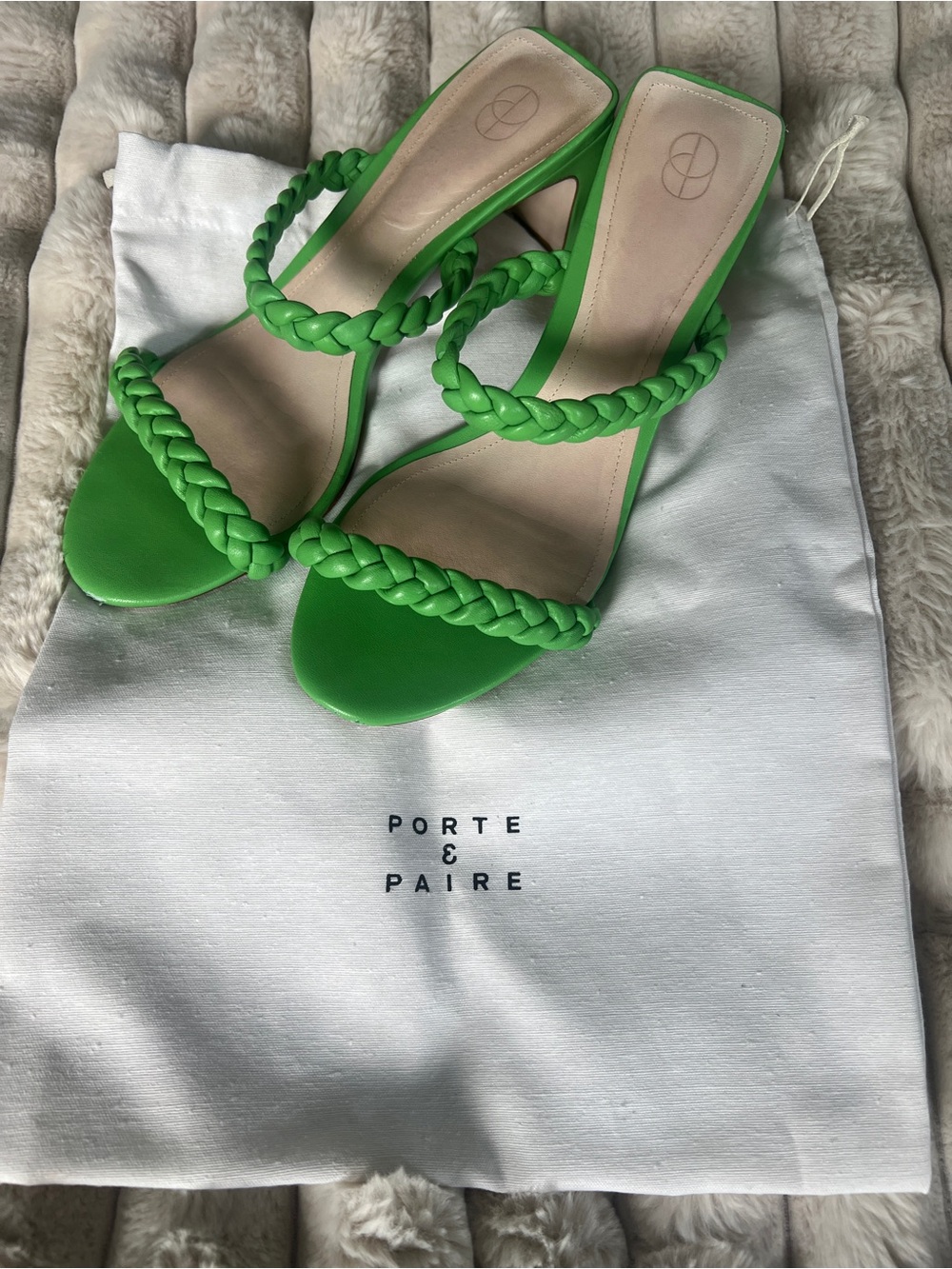 Porte & Paire Green Leather Braided Strap Heeled Mules size 42